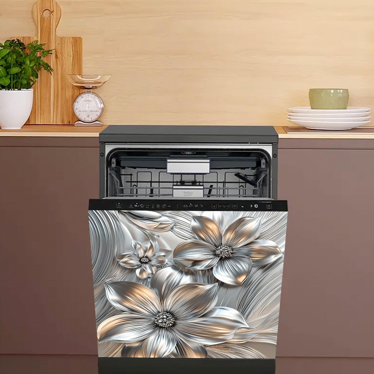 Silvery Floral Dishwasher Cover- & Heat-resistant, Easy-to-clean Metallic , Stylish Kitchen Decor Sticker For Modern Kitchens, Dishwasher Cover| Decor|heatresistant