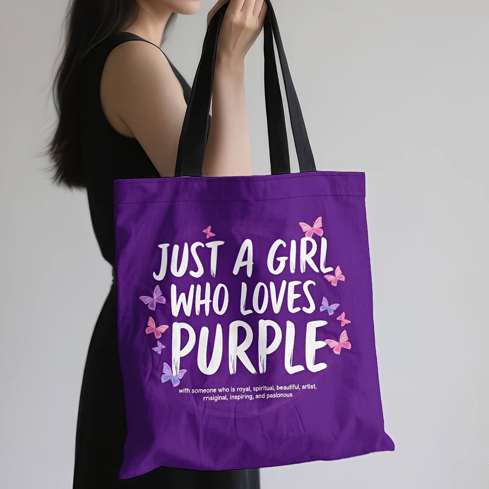 TEMU 1pc Double-sided Printing Purple Printed Tote Bag | Lightweight Reusable Shoulder Bag With Inspirational Quote "just A Purple Lover" - Shopping,