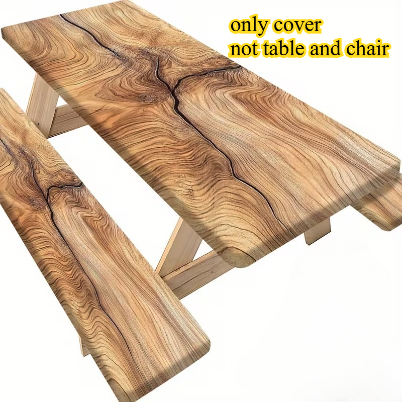 TEMU 3pcs Set (1 Tablecloth   2 Stool Covers), Picnic Table Cover With Elastic- Bench Cover, Brown Natural Wood Grain Pattern, Suitable For Outdoor