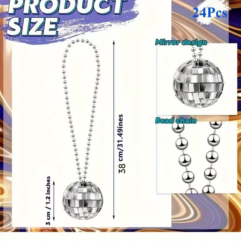 TEMU Set Of 24 Disco-themed Necklaces From The 70s, Featuring 1.18-inch Silvery Disco Ball Pendants. Costume Parties, Valentine's Day, And Festivals,