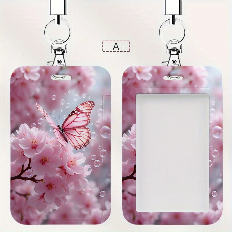 E-shop Rosa Blumen-Schmetterlingsdruck Ausweishalter mit abnehmbarem Lanyard – Robustes Kunststoff-Doppelkartenfach für Schüler, Ärzte, Pflegekräfte &