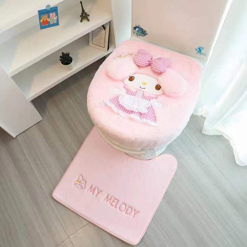 Sanrio, winter cute adhesive toilet seat two-piece set household plush warm toilet three-piece seat cushion toilet seat cover