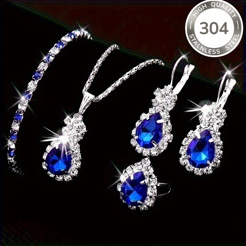 TEMU Eternal Charm - Élégant ensemble de bijoux de mode pour femmes, 5 pièces - Collier bleu incrusté de strass en acier inoxydable 304 + boucles