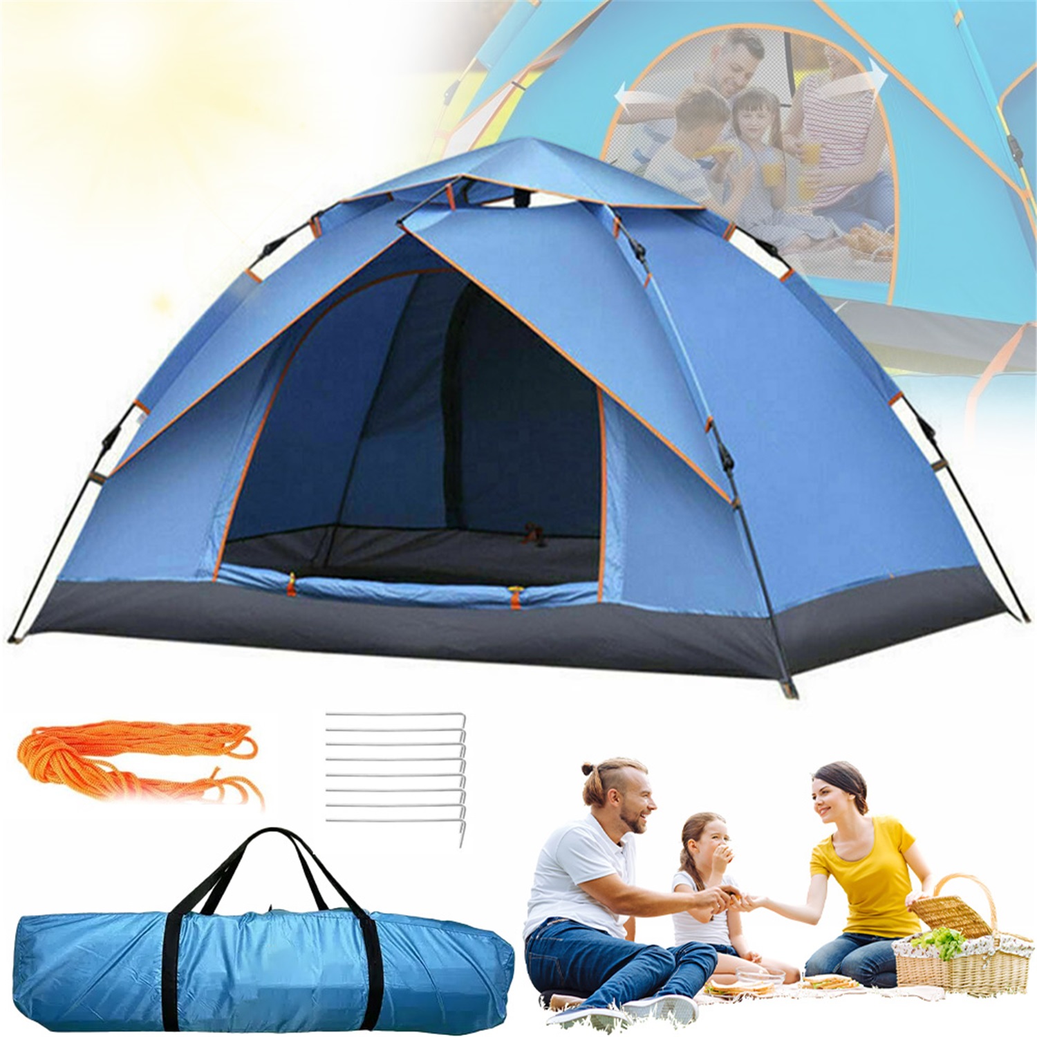E-shop Schnellzelt für 3-4 Personen mit Bodenabdeckung, leichtes Campingzelt mit Regenschutz, tragbarer ultraleichter Sonnenschutz für Backpacking