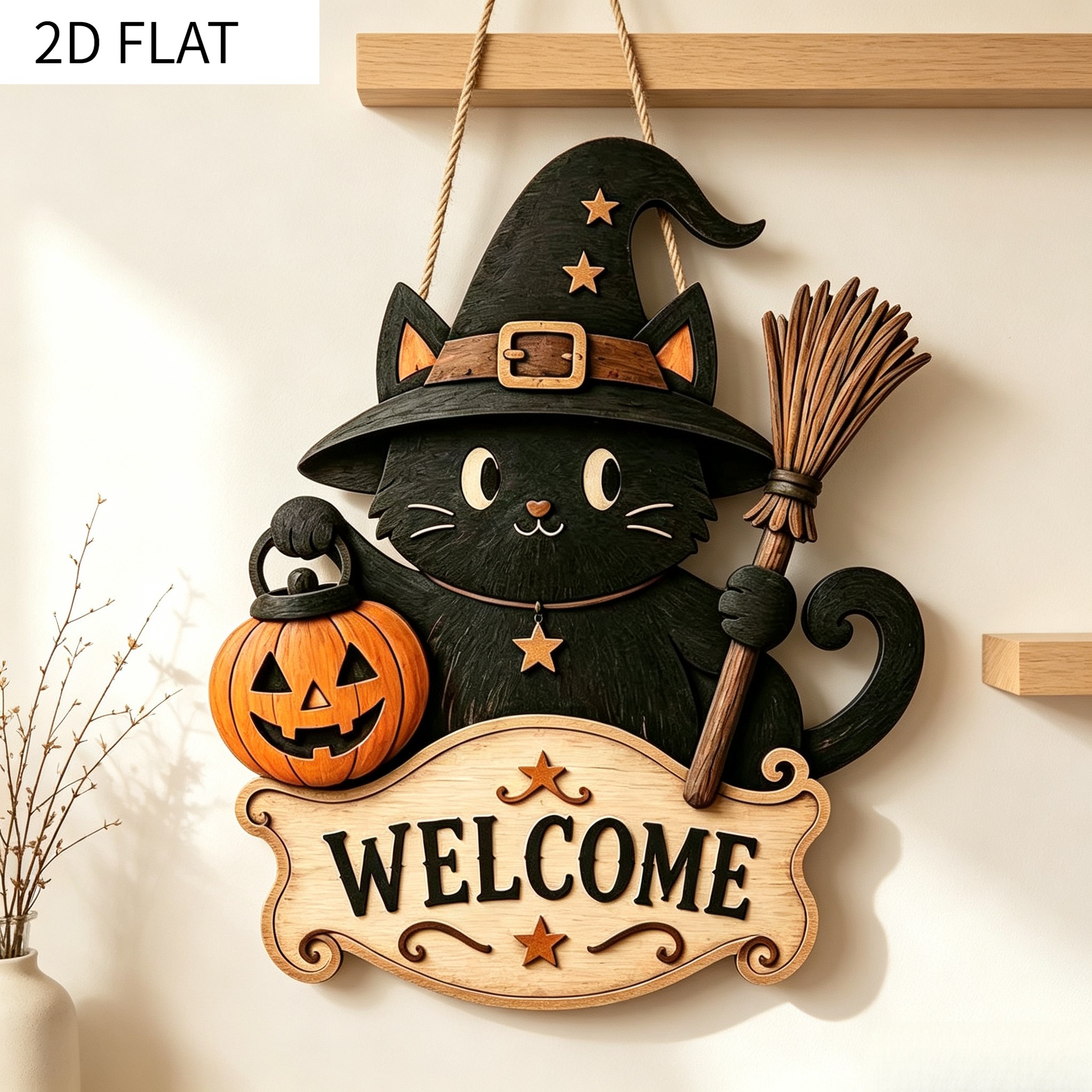 TEMU 2d Flat, 1pc Black Cat Halloween Welcome Door Hanger, Cute Halloween Sign - Witch Hat Decor - Handheld Broom And Jack-o'-lantern Design - Wooden