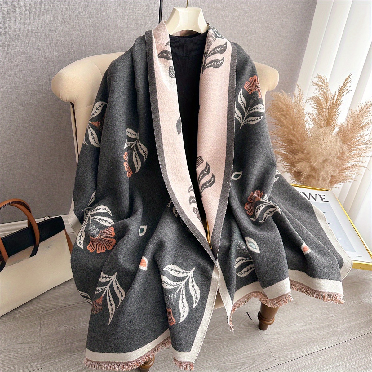 1pc IROJEFF ' Elegant Pashmina Shawl Wrap - Soft Thick Winter Scarf & Shawl with Gray & Orange Leaf Print, Tassels - Warm Cozy Outfits for Outdoors, Parties, Travel - Luxury Jacet Compatible Accessory (Hand/Dry)