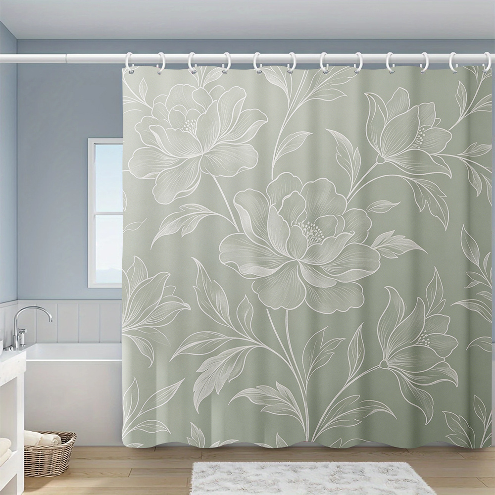 TEMU Light Green Line Drawing Peony Printed Shower Curtain, Fresh Curtain, With 12 Hooks, Washable Home Shower Curtain