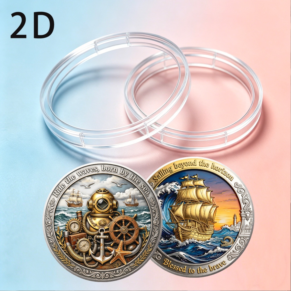 TEMU 2d Flat, 1pc, Double-sided Commemorative Coin: 1 Side Features Diver And Nautical Elements, Side Sailboat, With Transparent Protective Case,