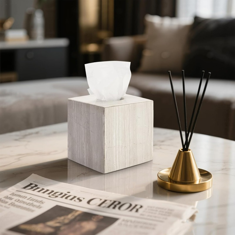 natural   marble tissue box holder square   with open bottom access beige grey marble pattern anti slip base polished   fits bathroom vanity bedroom dresser kitchen countertop luxury storage organizer for tissues 7 4 x7 4 x7 4 Product details 1