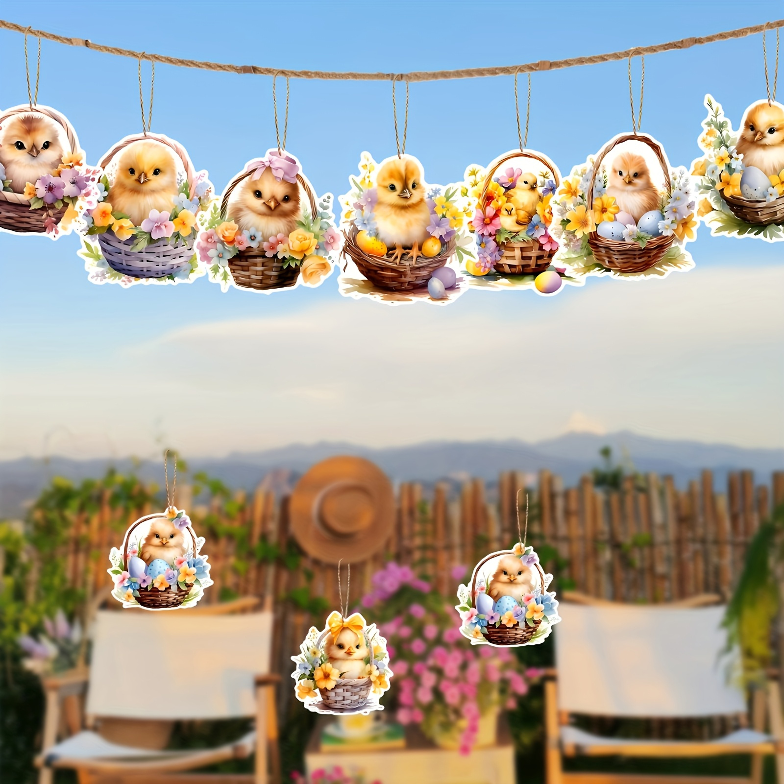 9pcs vintage wooden chick hanging decorations cute easter bunny chick designs with floral accents   spring celebrations living room   or   festive home accent   decor wooden   chick decor
