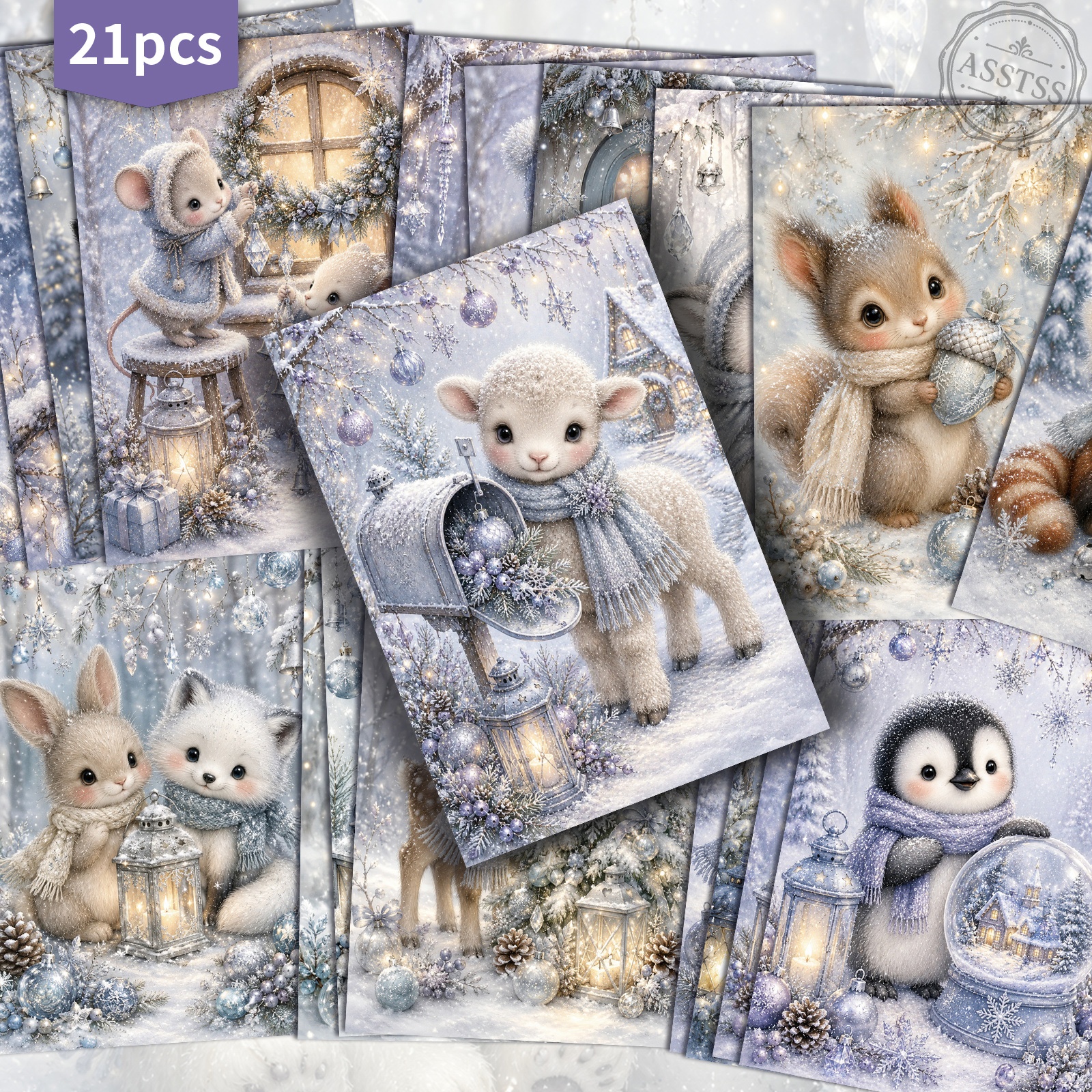 TEMU 21-pack Asstss Vintage Purple Cute Christmas Animals Postcards - 4x6 Inches Retro Junk Journal Supplies, Classic Pinup Illustrations Collectible