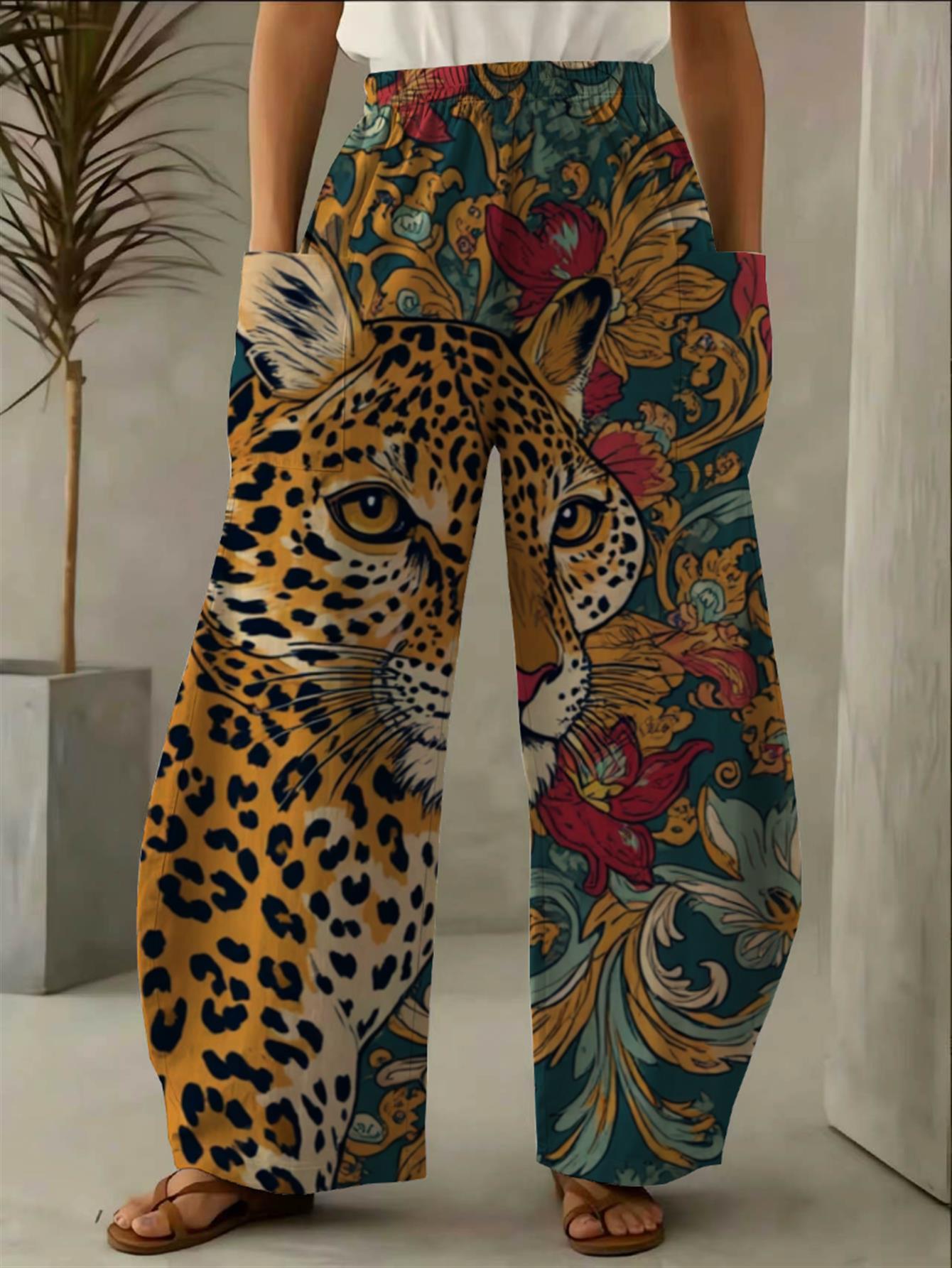 Plus Size - Women S   Leopard And Baroque Floral Print Wide Leg Pants, Elastic High Waist Loose Trousers with Side Pockets, Vibrant Ochre Teal   Maximalist   Palazzo Pants