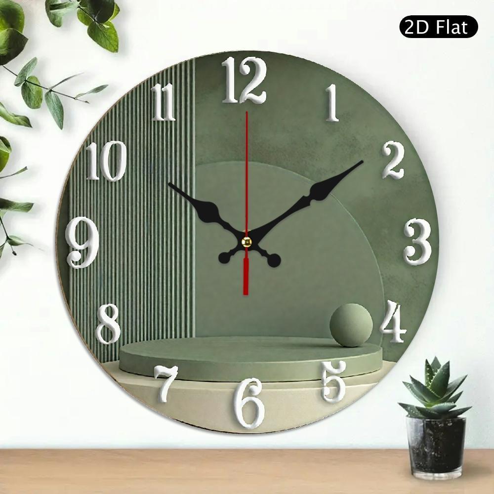 TEMU 1pc Modern Green Abstract Wall Clock - Silent Non-ticking Round Wood Frame With Green Face & Minimalist Muted Tones, Japanese Quartz Movement,