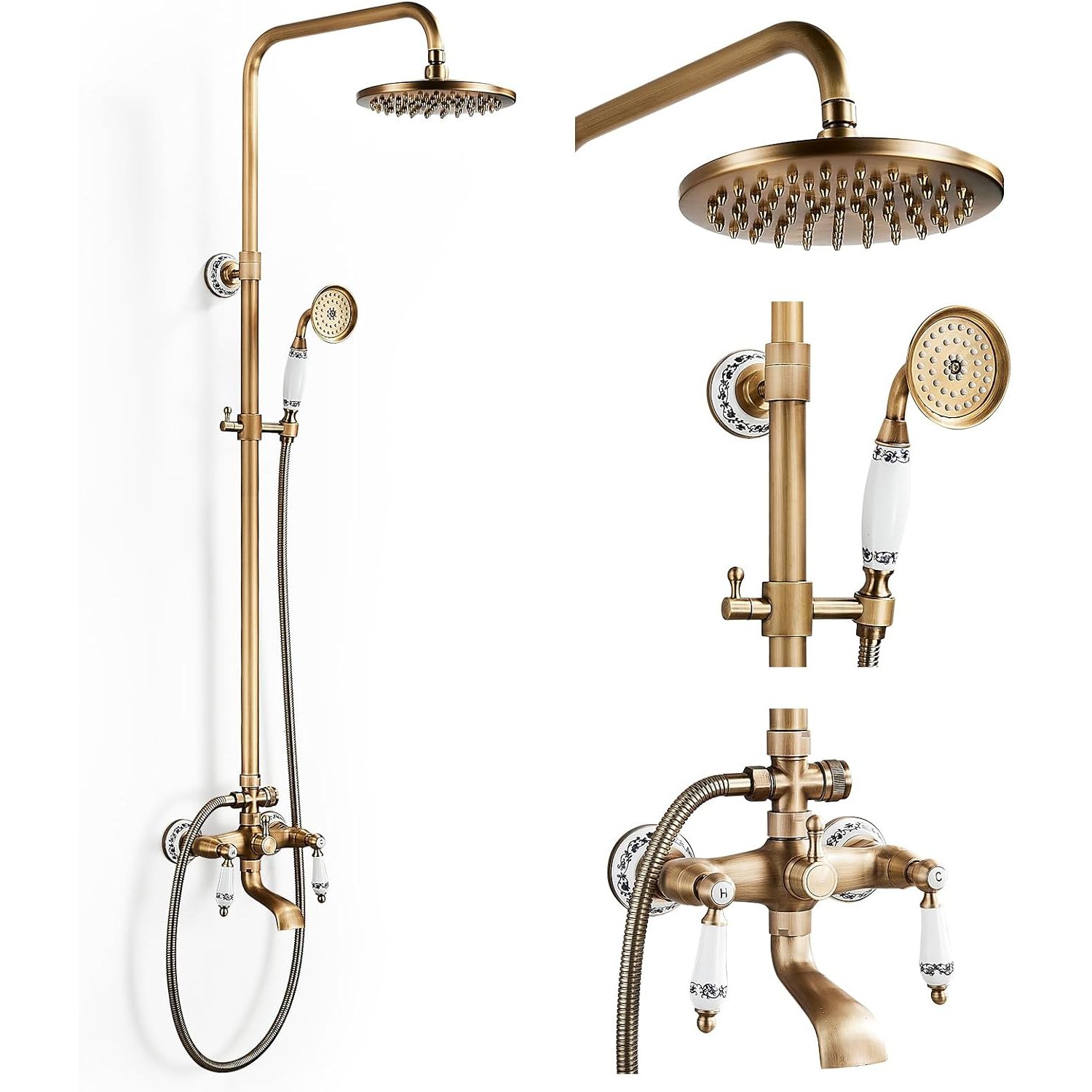 TEMU de ducha en latón antiguo, juego completo de accesorios de ducha estilo cerámico de 70~120 cm | Juego de ducha con grifo y ducha de lluvia de 8
