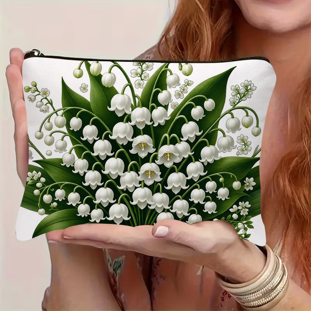 TEMU 1pc Double-sided Printed Lily Of The Valley Themed Makeup Bag, Featuring Of The Valley Bouquet And Emerald Green Leaves Pattern. Suitable For