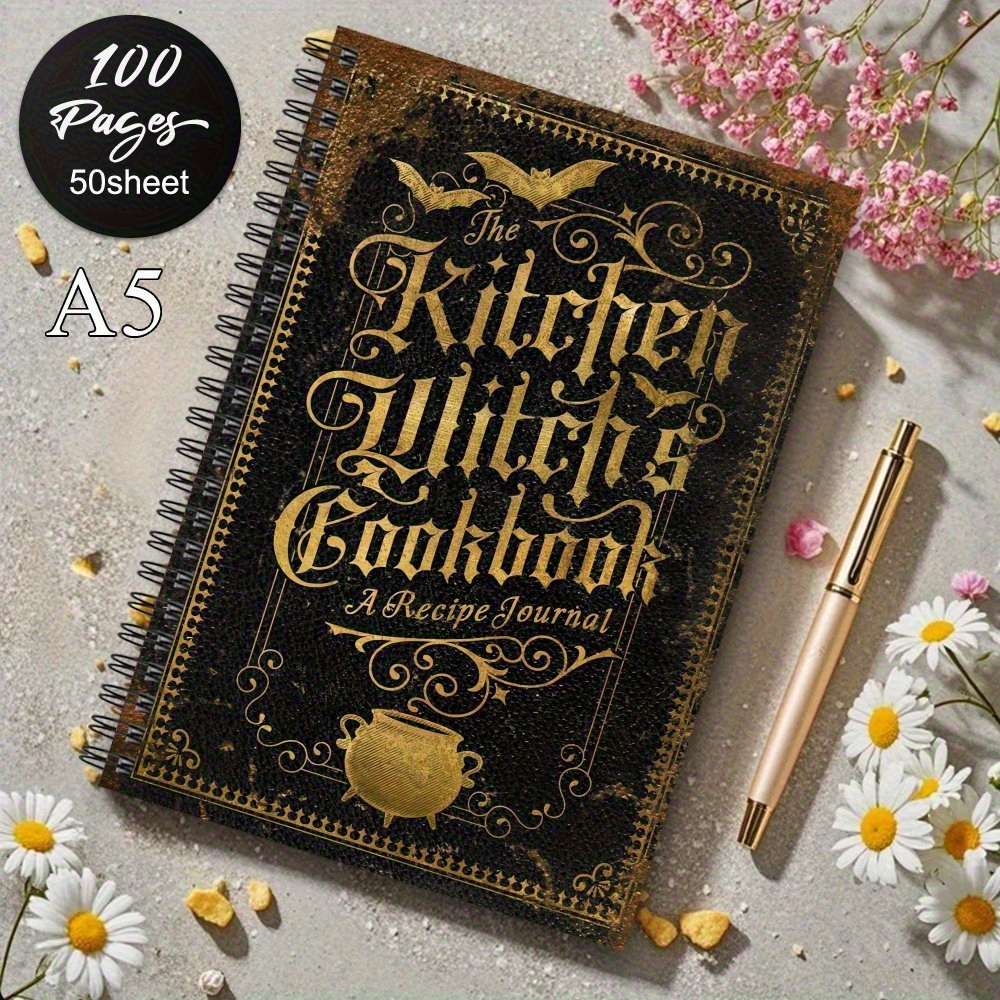Image of 1pc Retro Gothic Style Recipe Journal - Black Golden , With And Bat Patterns, Collection Book, Planner