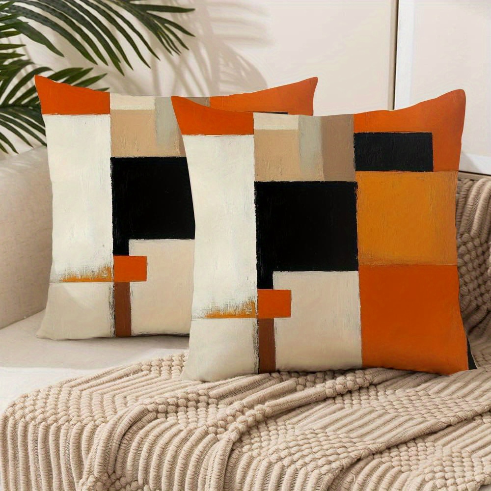 TEMU Lot de 2 taies d'oreiller imprimées en 2D, style vintage, abstraites, géométriques, patchwork à de couleurs, marron chaud, orange, noir, crème,