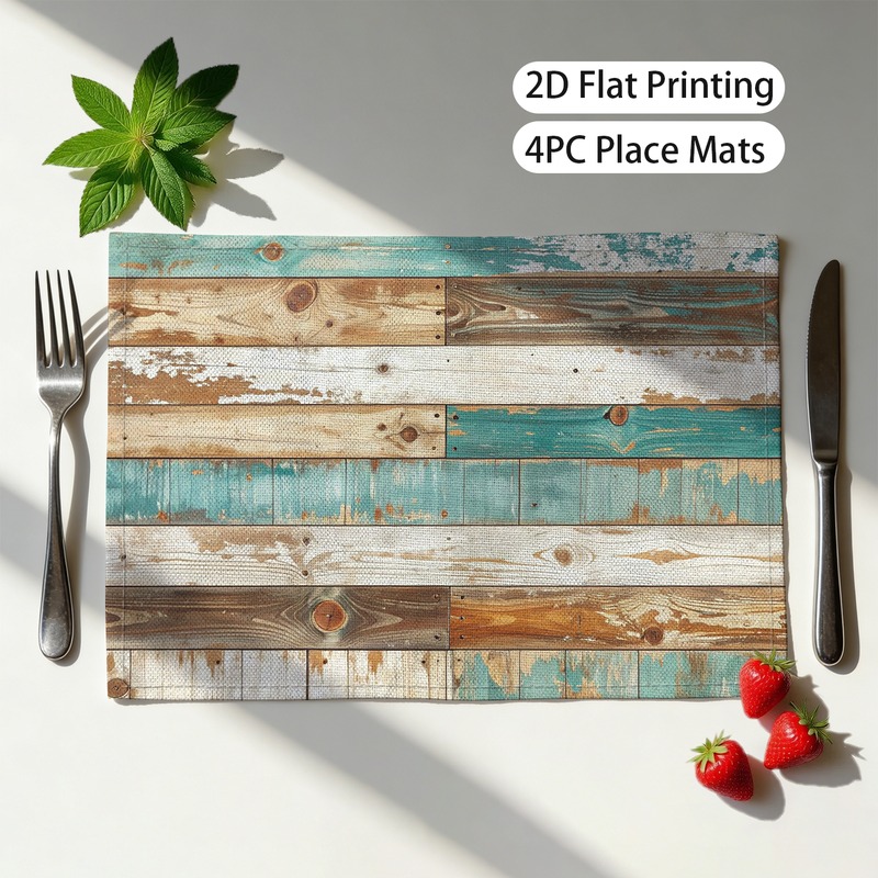 TEMU 2d Flat Set Of 4pcs Mats Rustic Kitchen Scene Plank Turquoise Weathered Print Placemat Set Graphic Printed Table Mat Farmhouse Vintage Print