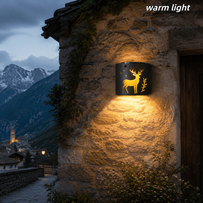 TEMU 1pc Solar Wall Light Outdoor, Changing And Warm White Led Wall Sconce, Deer Pattern Decorative Light For Yard, Garden, Patio, Porch, Fence And