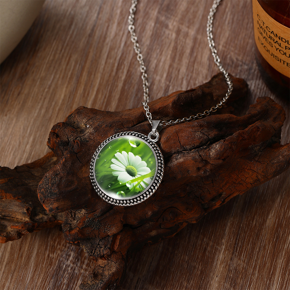 Waterdrop Daisy Illustration Pendant Necklace, Trendy Gift