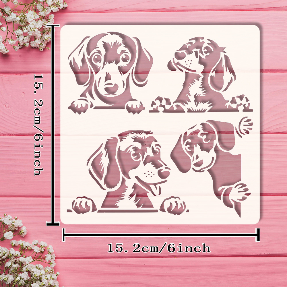 E-shop Dackel-Schablone, 6x6 Zoll (15,2x15,2 cm) – Niedliche verspielte Welpenpose, herzerwärmende Hundekultur-Geschichte. DIY-Schablone für