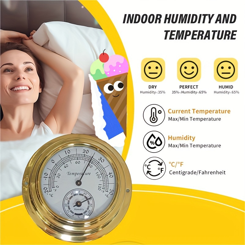 Thermomètre Hygromètre Intérieur/extérieur Sans Pile - Mini, Avec Code Couleur Confort - Pour Maison, Jardin, Voiture (Doré) - 12