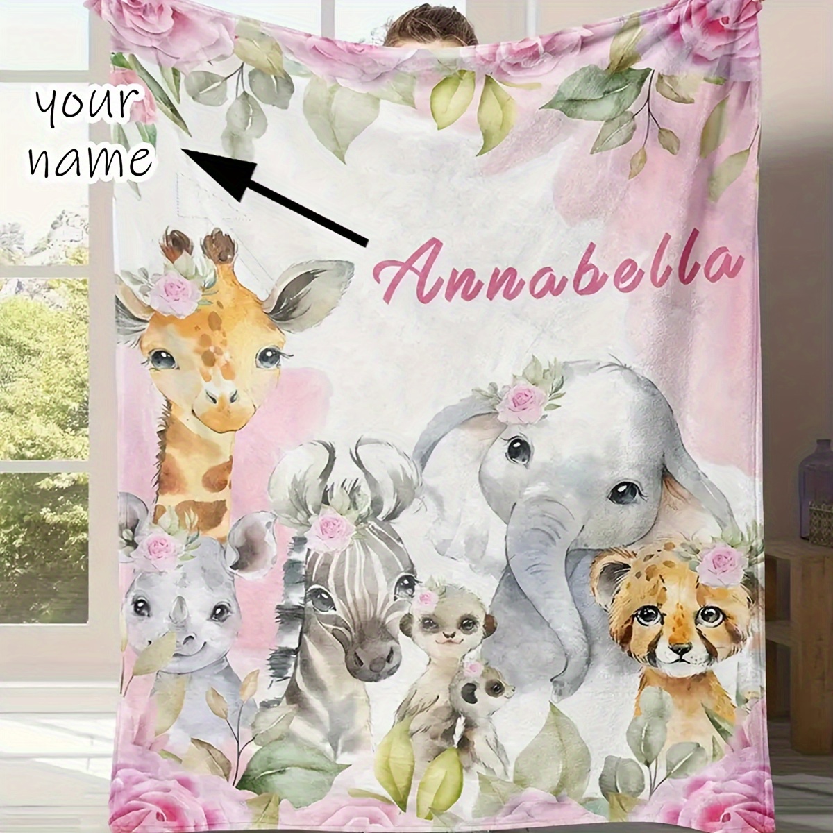 Custom Name Animal Blanket Featuring Giraffes, Elephants, and Zebras