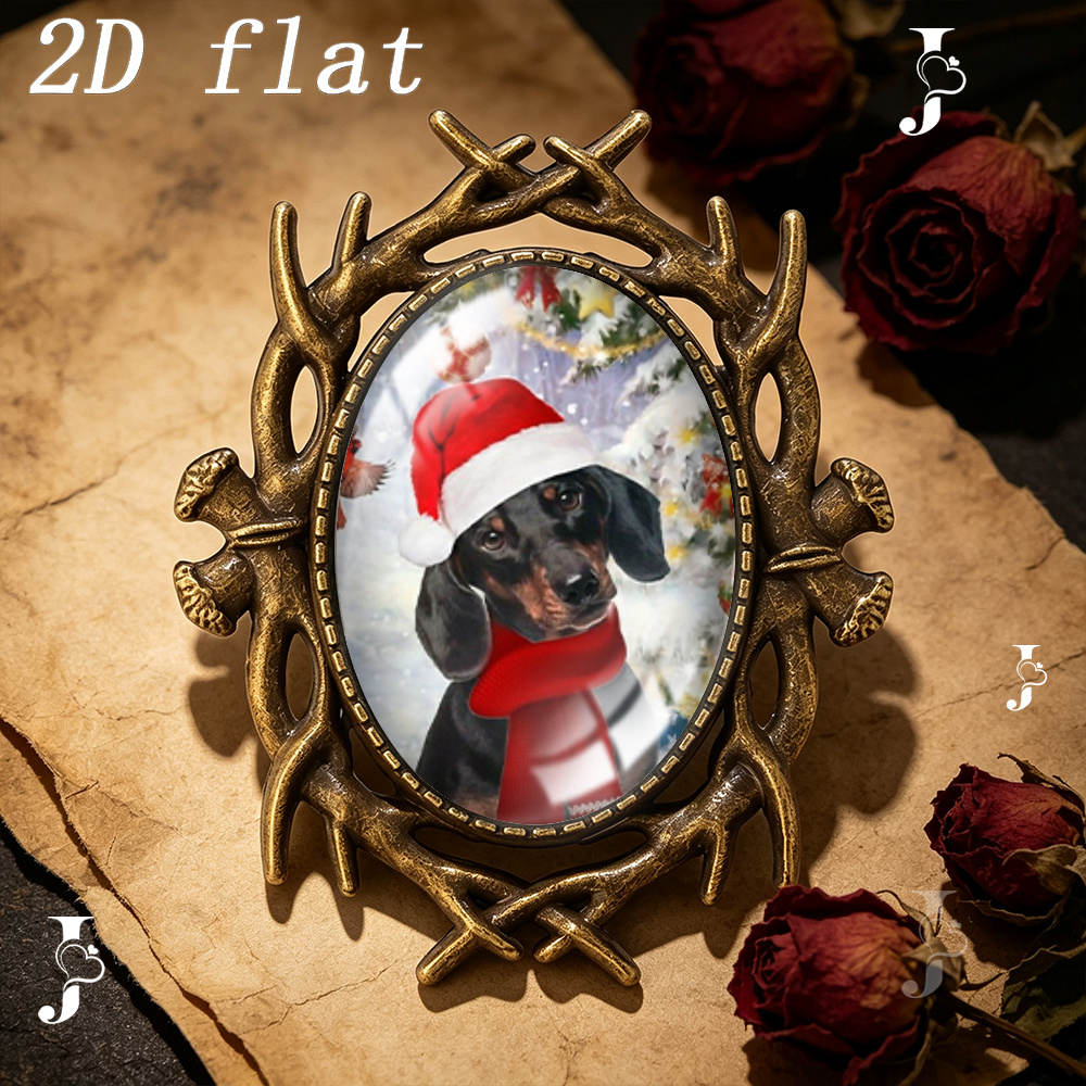 TEMU 2d Flat, 1pc Dachshund With Christmas Hat Red Scarf Pattern Oval Glass Badges, 2d Flat Design Glass Pattern, Versatile Ornament For Clothing &