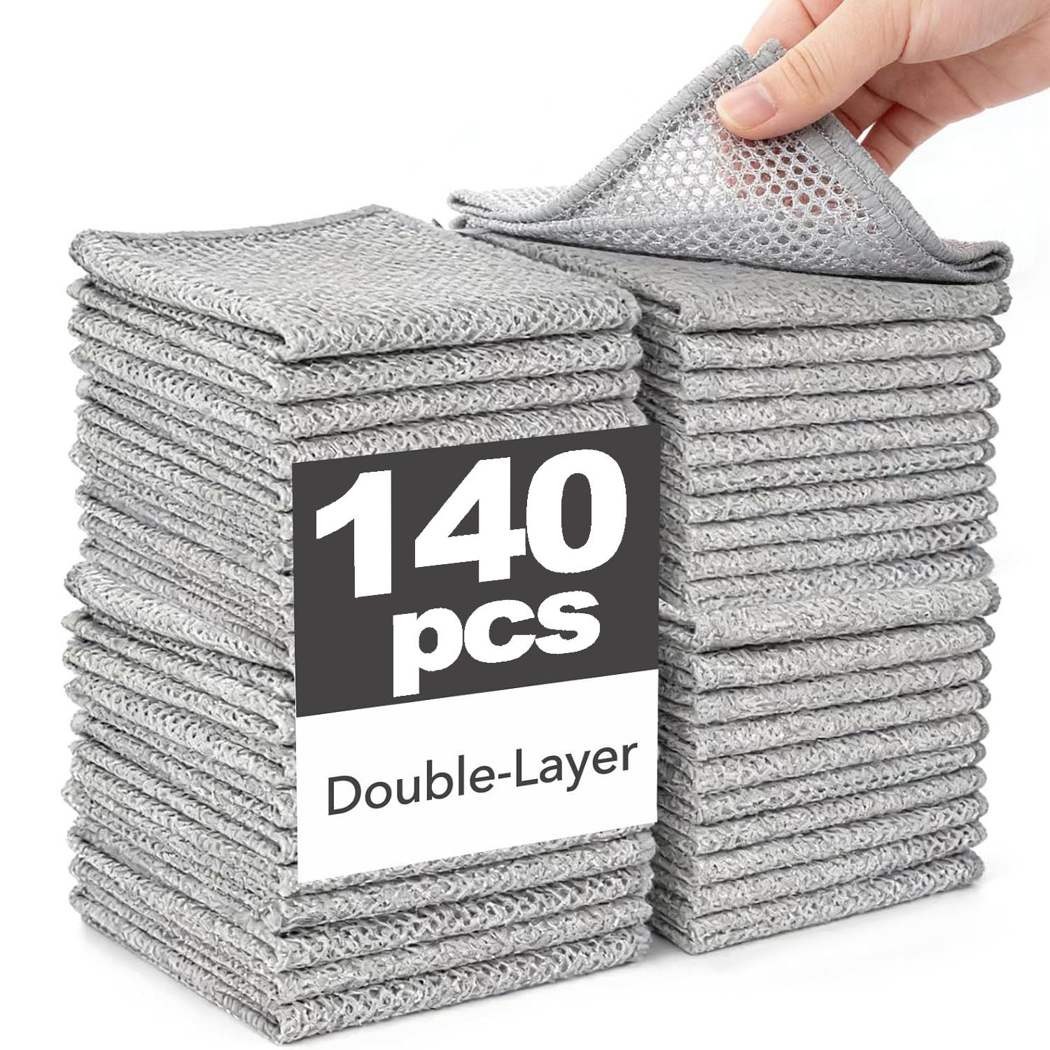 Image of 140pcs Multipurpose Double-laye Cleaning Cloth, Dish Towel, Kitchen Wiping Pad, Suitable For Dry And Wet Use, Fiber Cleaning Cloth, Designed For Metal And Tableware