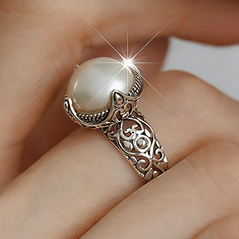 TEMU Retro Individual Inlaid Pearl Carved Hollow Floral Pattern Court Women's Party Banquet Exquisite Jewelry Accessory Unique Anniversary Gift
