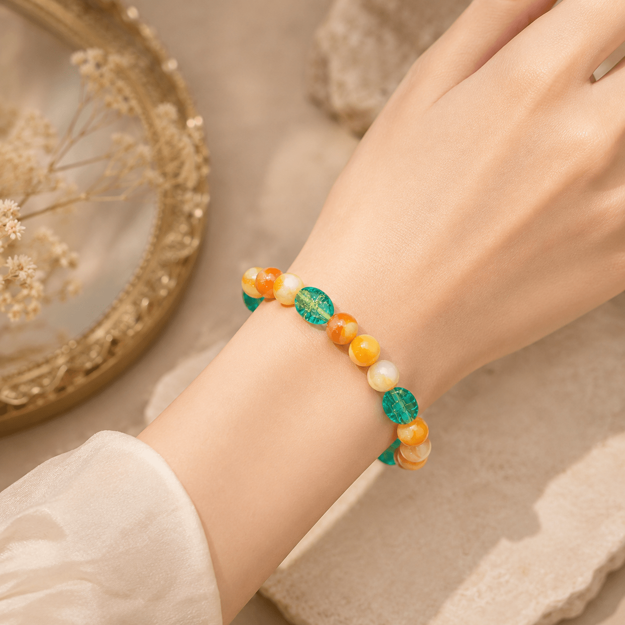 Orange-Yellow Gradient Swirl Bead Bracelet, Retro Style