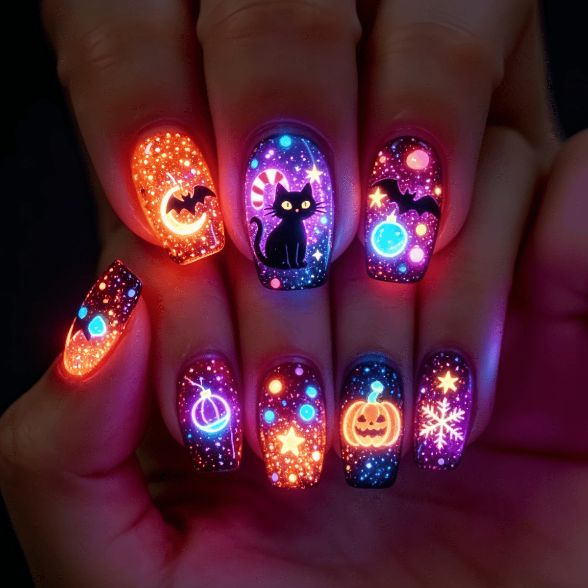 TEMU 24pcs Christmas Halloween Starry Sky Wearable Nails, Black Cat Bat Pumpkin Snowflake Medium Length Square Party False Nails, Detachable Nails, ,