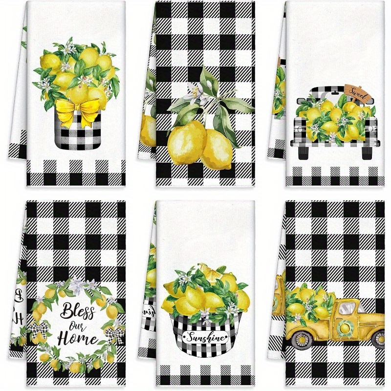 

6-pack Contemporary Lemonade Kitchen Towels With Hanging Loop - 18x26 Inch, Super Polyester Dish Cloths, Cartoon-themed Decorative Tea Towels For Kitchen Decor, Machine Washable