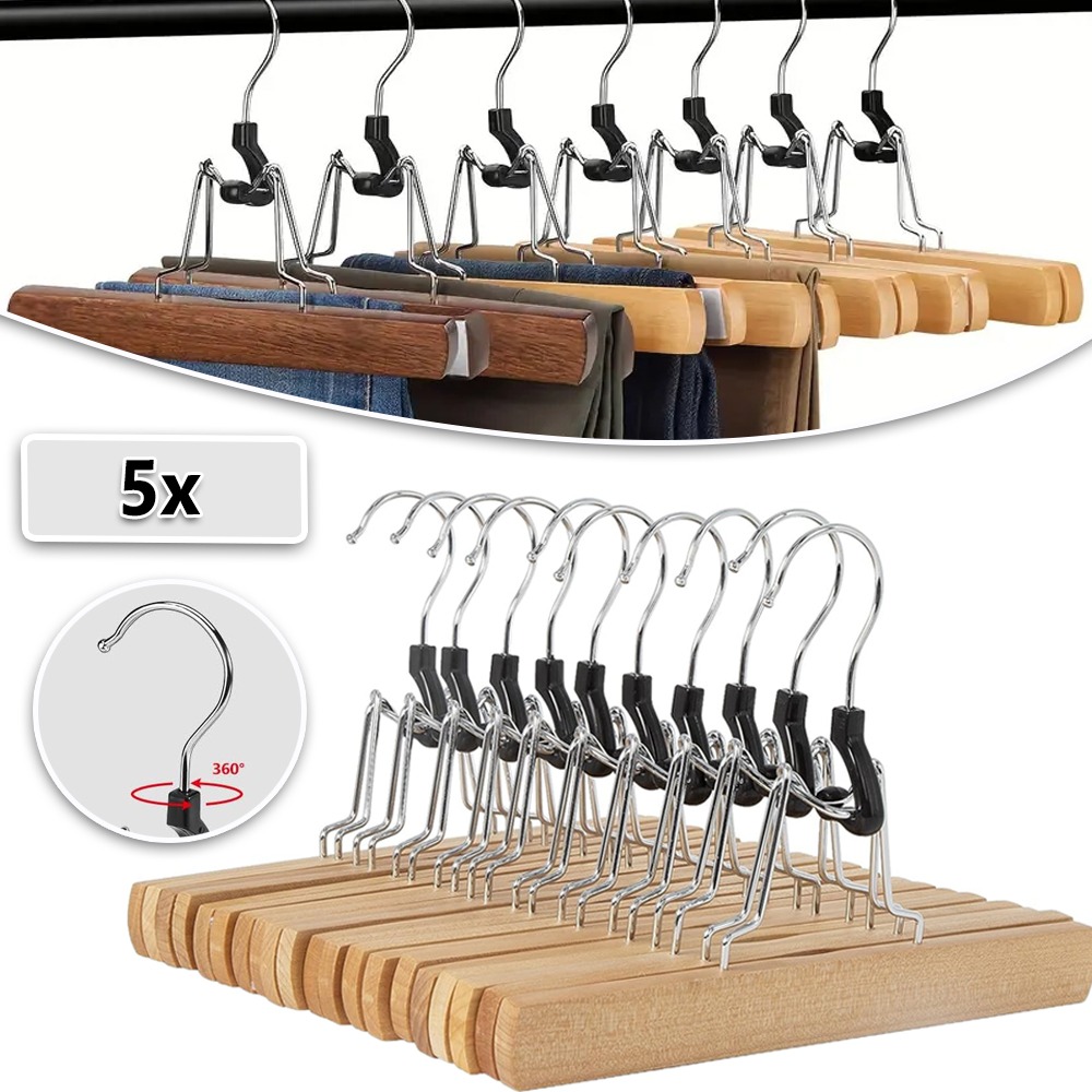 5 Pack Natural Pants Hangers With Clips Non Slip Skirt Hangers Trouser Clamp Hanger Solid Wood Hanger With Hook