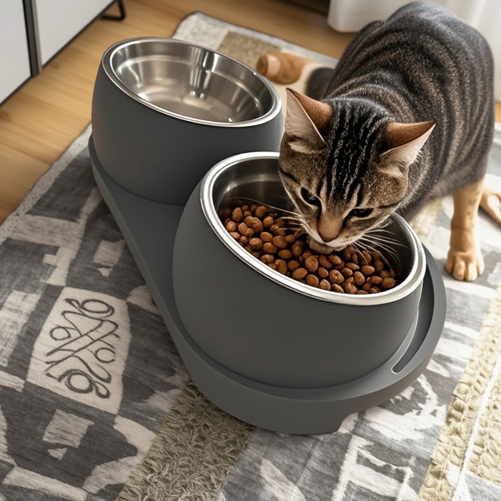 1 Bol Double Moderne surélevé pour Nourriture et Eau - Distributeur à Double Compartiment Amovible et Facile à Nettoyer avec Bols en Acier Inoxydable, Gain de Place pour Petits Chiens, Chats et Chaton, Adapté aux Animaux de Petite à Moyenne Taille - Station d'Alimentation Moderne pour Animaux