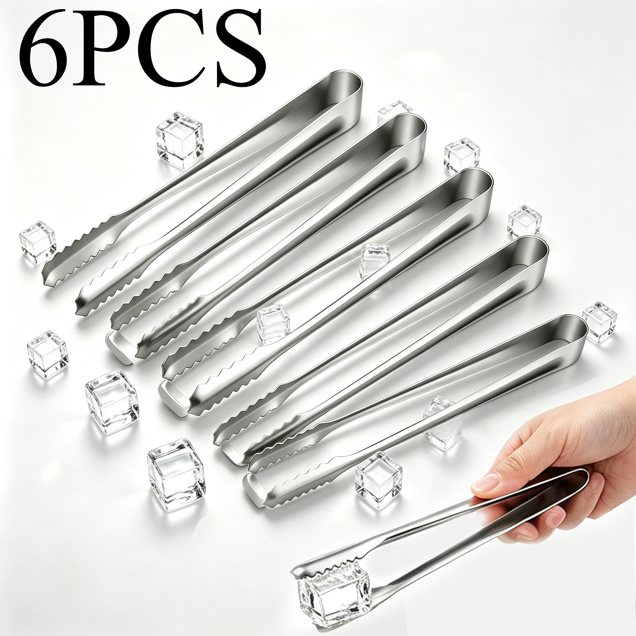TEMU 6 Pack Stainless Steel Ice Tongs With Rippled Tips, Food And Sugar Tongs, Mini Serving Utensils For Ice Cubes, Fruits, Appetizers, Iced Coffee,