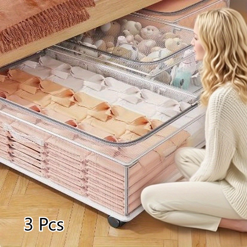 Set of 3 Transparent Under Bed Storage Boxes with Wheels
