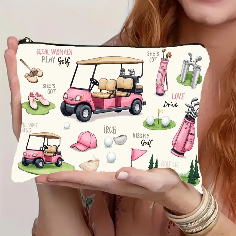 TEMU Ladies Golf Cosmetic Bag With Zip Closure - Lightweight Cosmetic Storage Box, Pink Golf Cart And , Portable Wash Bag For Golfers, Birthday/