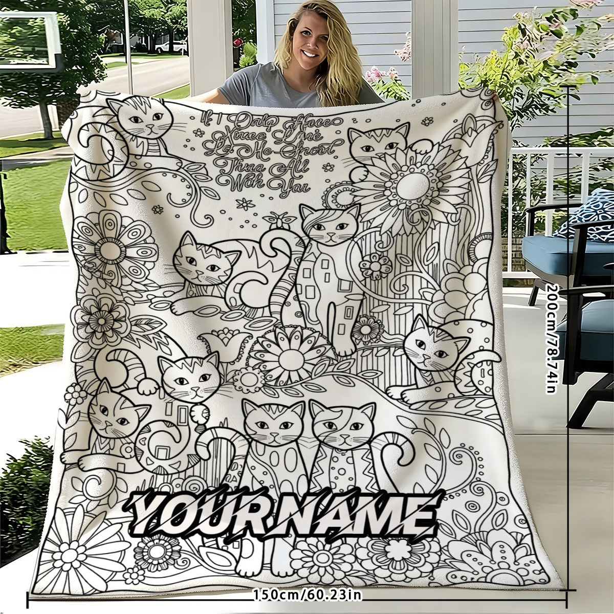 TEMU 1pc Comfortable And Soft Adult Coloring Theme Fleece Blanket, Name Or Text Customization Cartoon Animal Sketch Pattern - 2d , Soft And