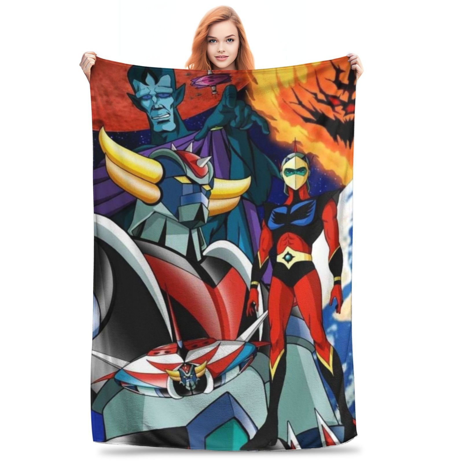 

Contemporary Anime-themed Flannel Bed Blanket, Soft, Cozy, Knitted Polyester Throw, With Geometric Ufo Robot Pattern, Machine Washable, For Napping, Sofa, Office, Bed, Camping, And Travel