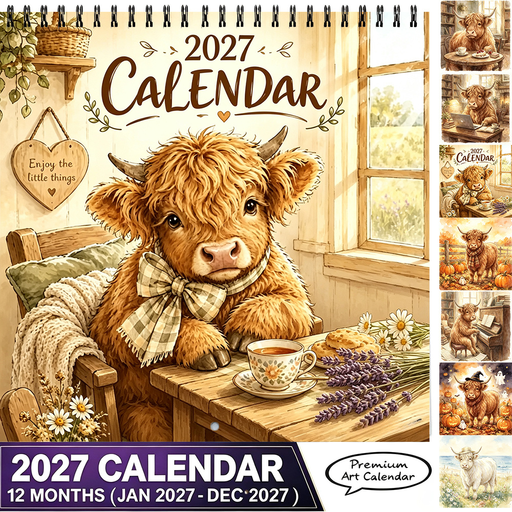 TEMU 2027 Cute Highland Cow Wall Calendar 8.3 X 8.3 Inches Pastoral Style Hanging Calendar Christmas Gift Halloween Gift New Year Gift Back To School