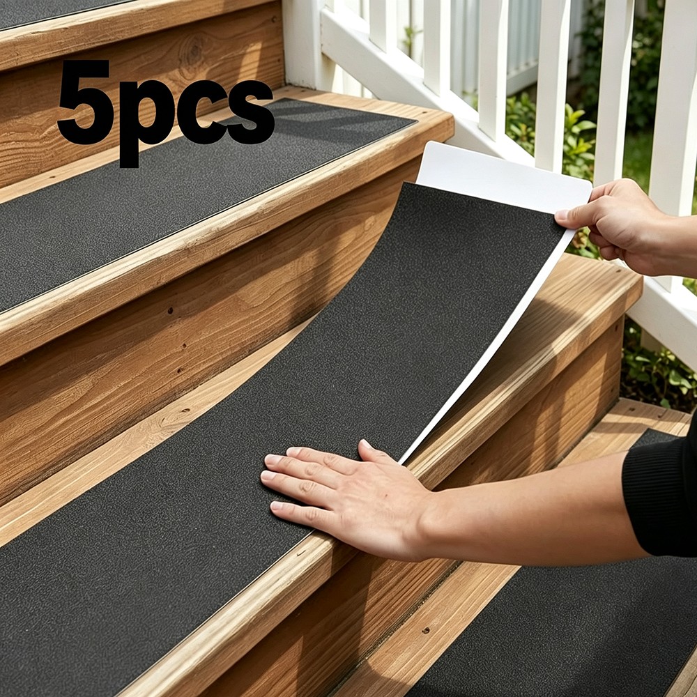 TEMU Set Of 5pcs Rubber Stair Treads - Self-adhesive Anti-slip Tape With Textured End; Suitable For Wood Steps, Decks, Ramps, And Skateboards;
