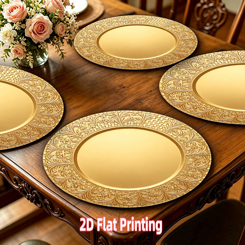 2D-Flach-4er-6er-8er-Set runde Tischsets – Prächtiges goldenes Flachdruck-Polyesterfaser – Rutschfest & hitzebeständig, ideal für elegantes Essen, Küchen, Bauernhäuser, Restaurants *