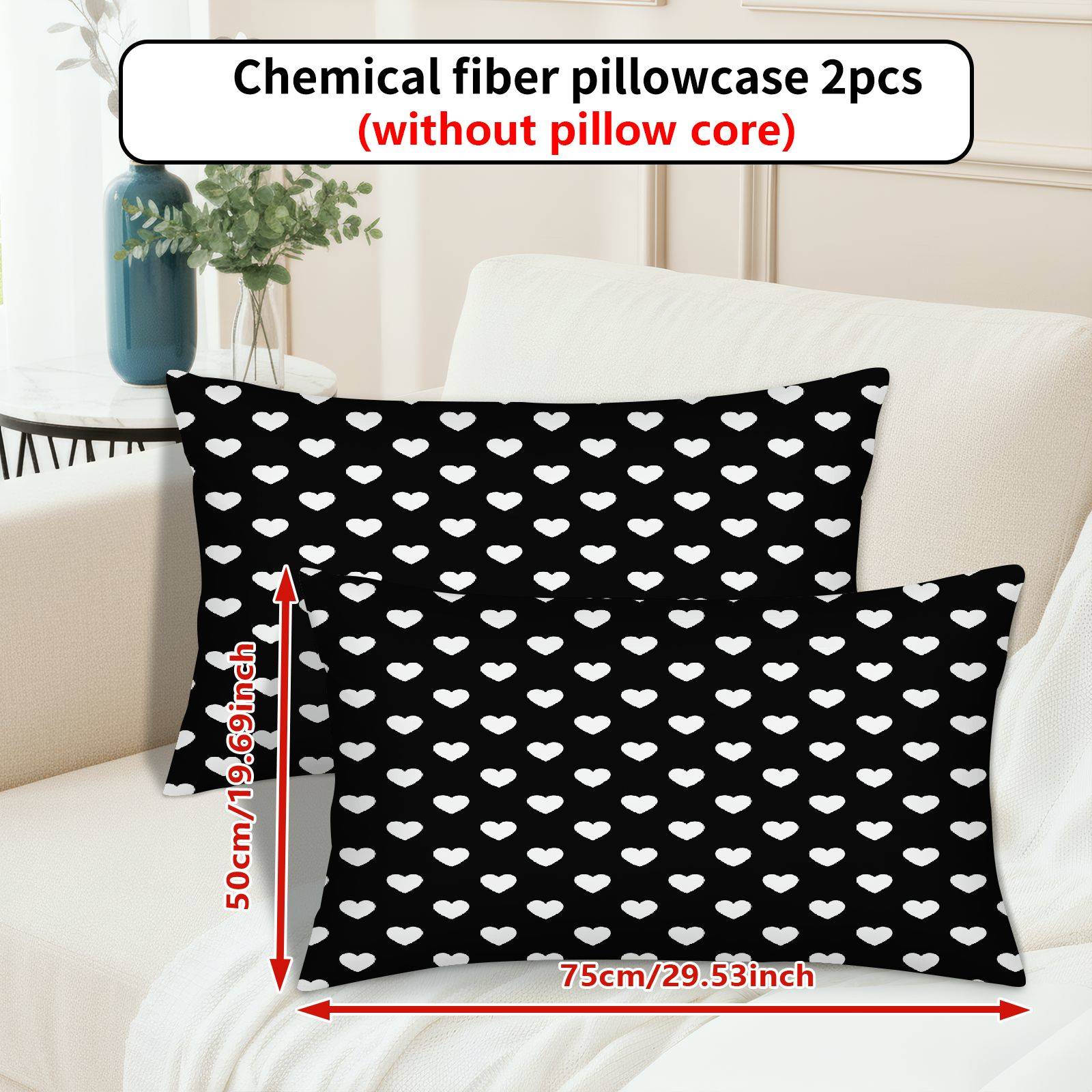 TEMU 2pcs Heart Pattern Black White Printed Pillowcase, ( Pillow Inserts Not Included), Perfect For Home Decor, Pillow Core Not Included, Decorative