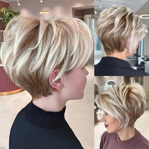 womens short gradient golden wig fluffy wavy short style with bangs short straight synthetic hair wig with fluffy wavy top suitable for daily wear