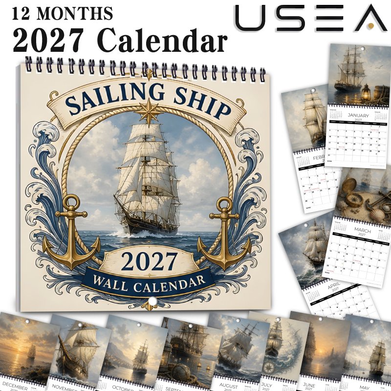 TEMU 1pc 2027 Wall Calendar, 2027 Sailing Ship Nautical Wall Calendar, 8.3x8.3 Inch Square, Twin Wire Spiral, 12-month Planner & Organizer, Habit ,