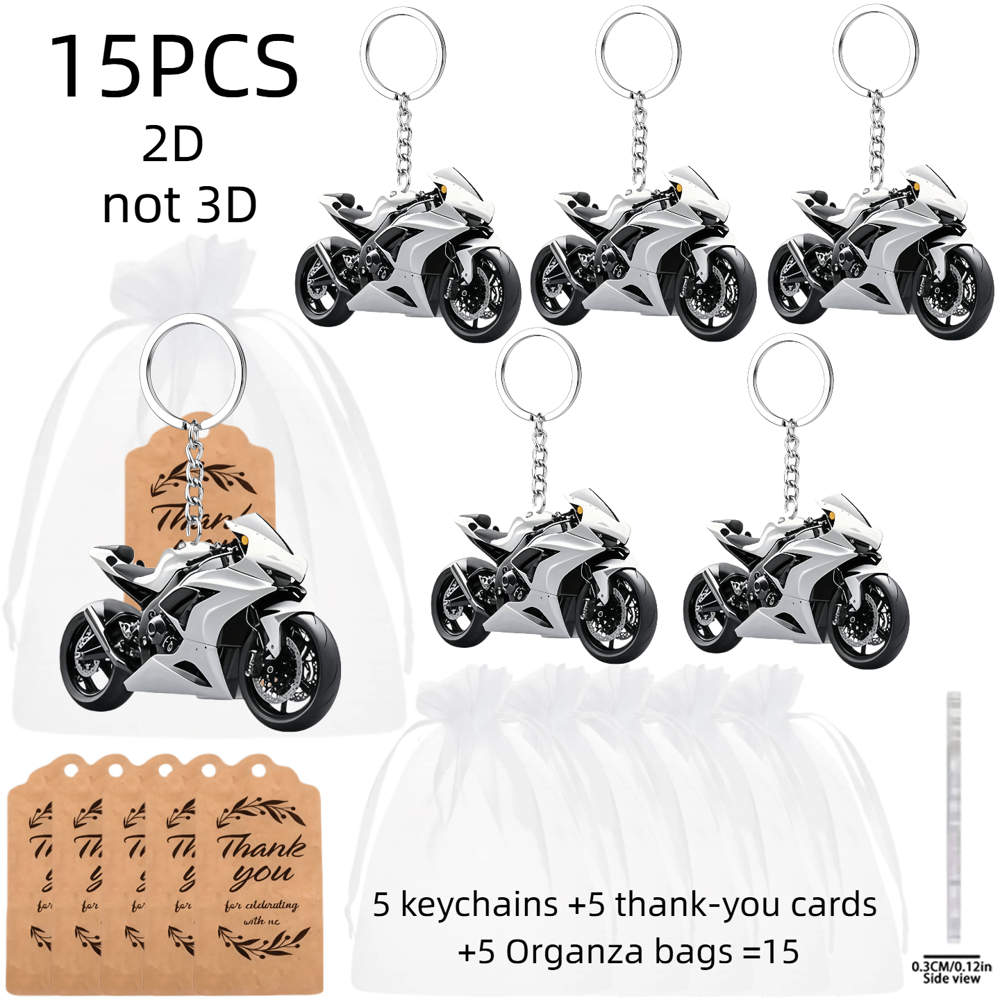 TEMU Plat 2D, 2D, Lot de 15 porte-clés, Pack cadeau de porte-clés de moto élégant - Inclut (5 porte-clés à 2D + 5 cartes de remerciement + 5 sacs en