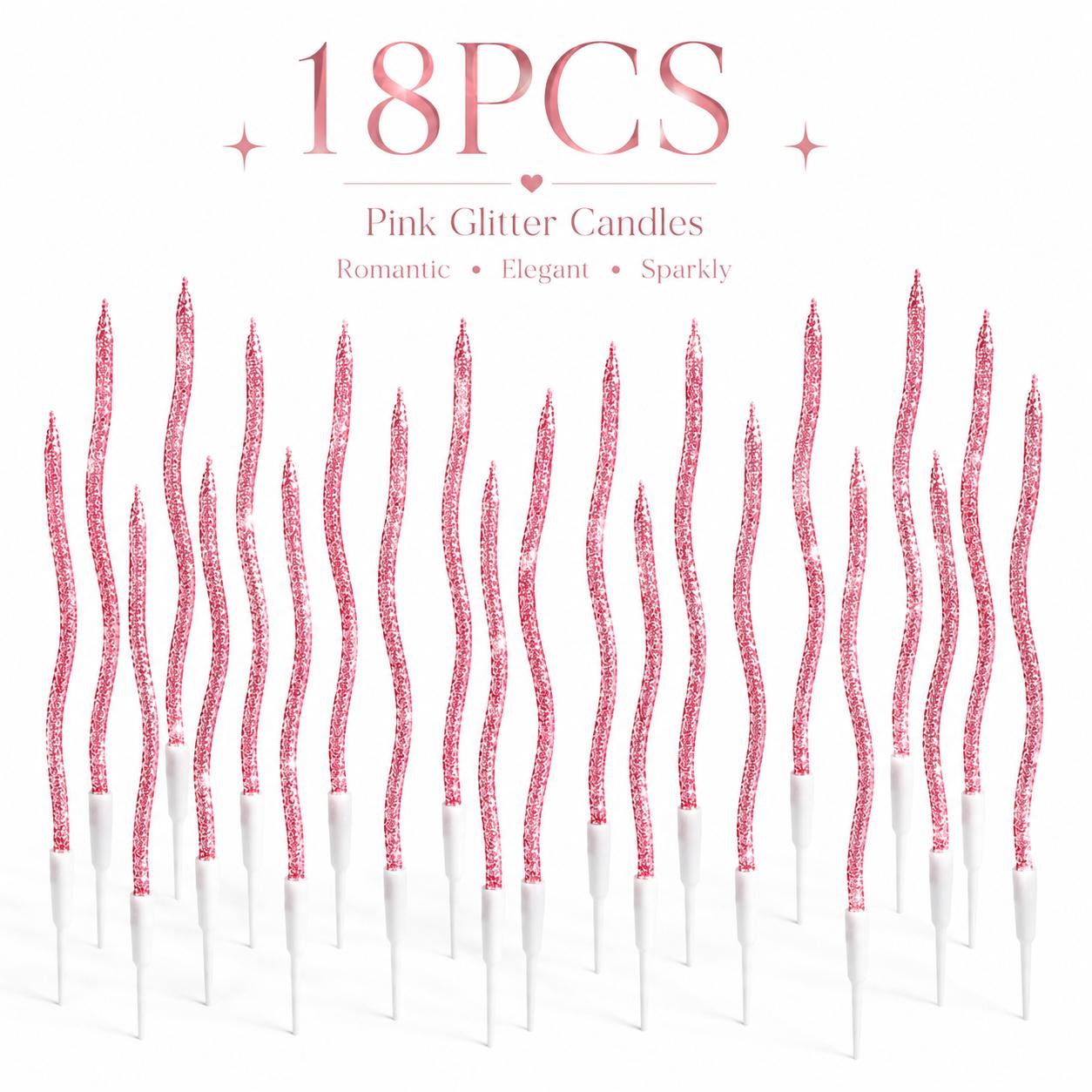 Image of 18pcs Silver Or Ink Glitter Curvy Birthday Candles, Sparkly Wavy Cake Candles With White Holders, Elegant Birthday Candles For Cakes, Cupcakes, Weddings, Parties, And Celebrations
