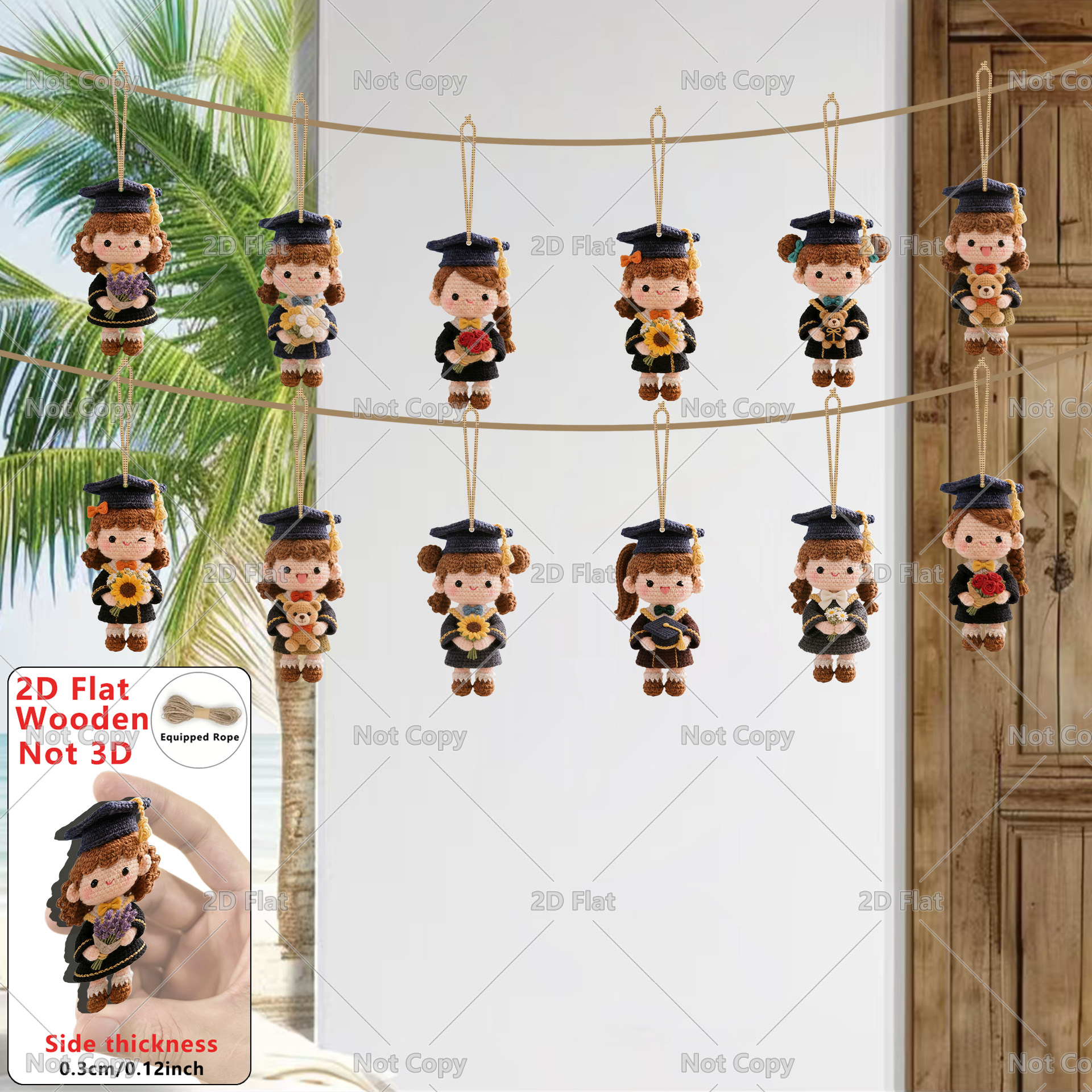 TEMU 2d Flat- Set Of 12 Knitted Doll Wooden Pendants, Essential For Graduation Season, Perfect For Decorating Homes, Offices, Classrooms, And For Use