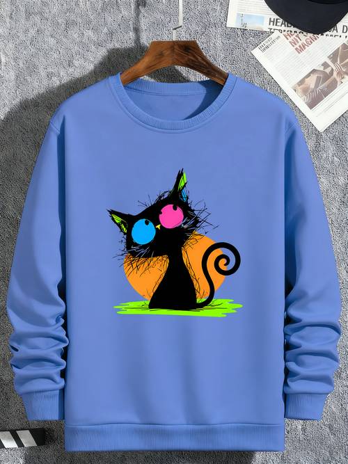 zdjęcie przedmiotu męska bluza z załogą w rozmiarze plus z modnym nadrukiem czarnego kota z przechyloną głową, casualowa bluza z okrągłym dekoltem na codzienny wypoczynek, odzież wierzchnia lub do nakładania warstw, jesienne i zimowe casualowe bluzy sportowe, rozmiar plus